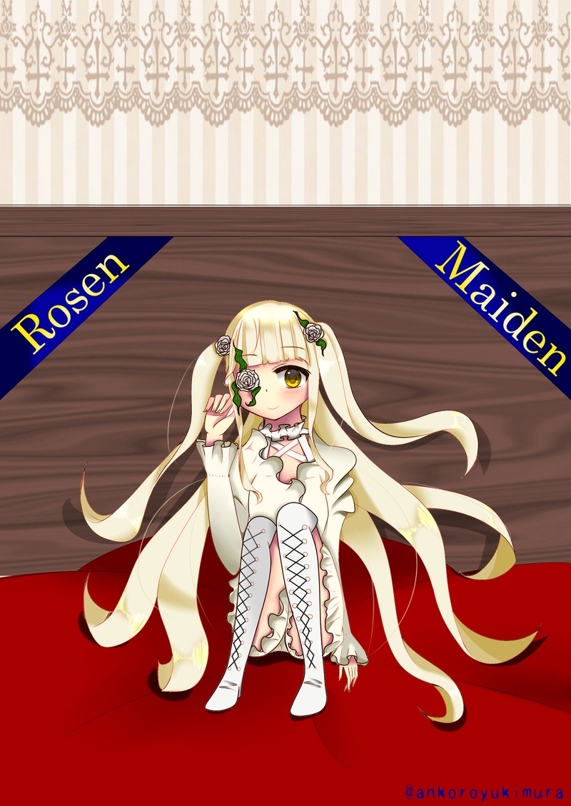 1girl bangs blonde_hair boots closed_mouth dress eyepatch full_body image kirakishou long_hair long_sleeves sitting solo striped thigh_boots thighhighs very_long_hair white_dress white_footwear yellow_eyes