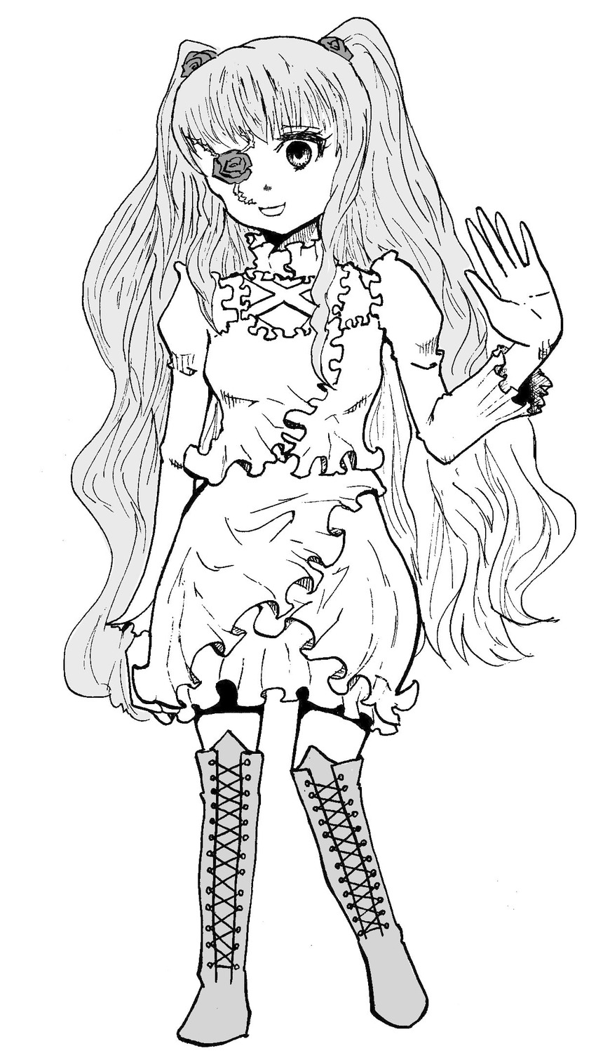 1girl boots cross-laced_footwear dress frills full_body greyscale hair_ornament image kirakishou knee_boots lace-up_boots long_hair looking_at_viewer monochrome short_sleeves smile solo standing two_side_up very_long_hair