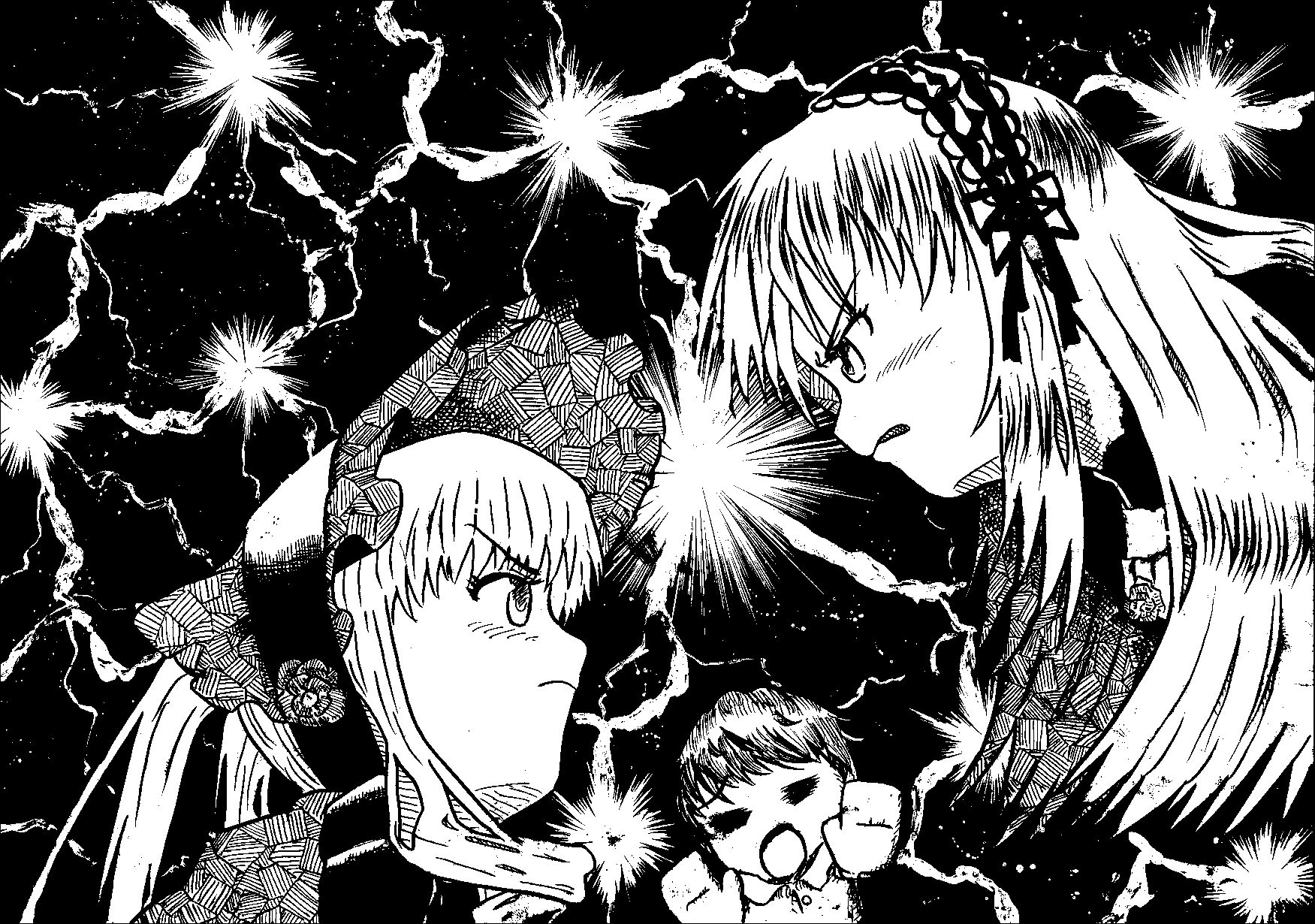 3girls auto_tagged comic fireworks greyscale hairband image long_hair monochrome multiple_girls open_mouth pair shinku suigintou