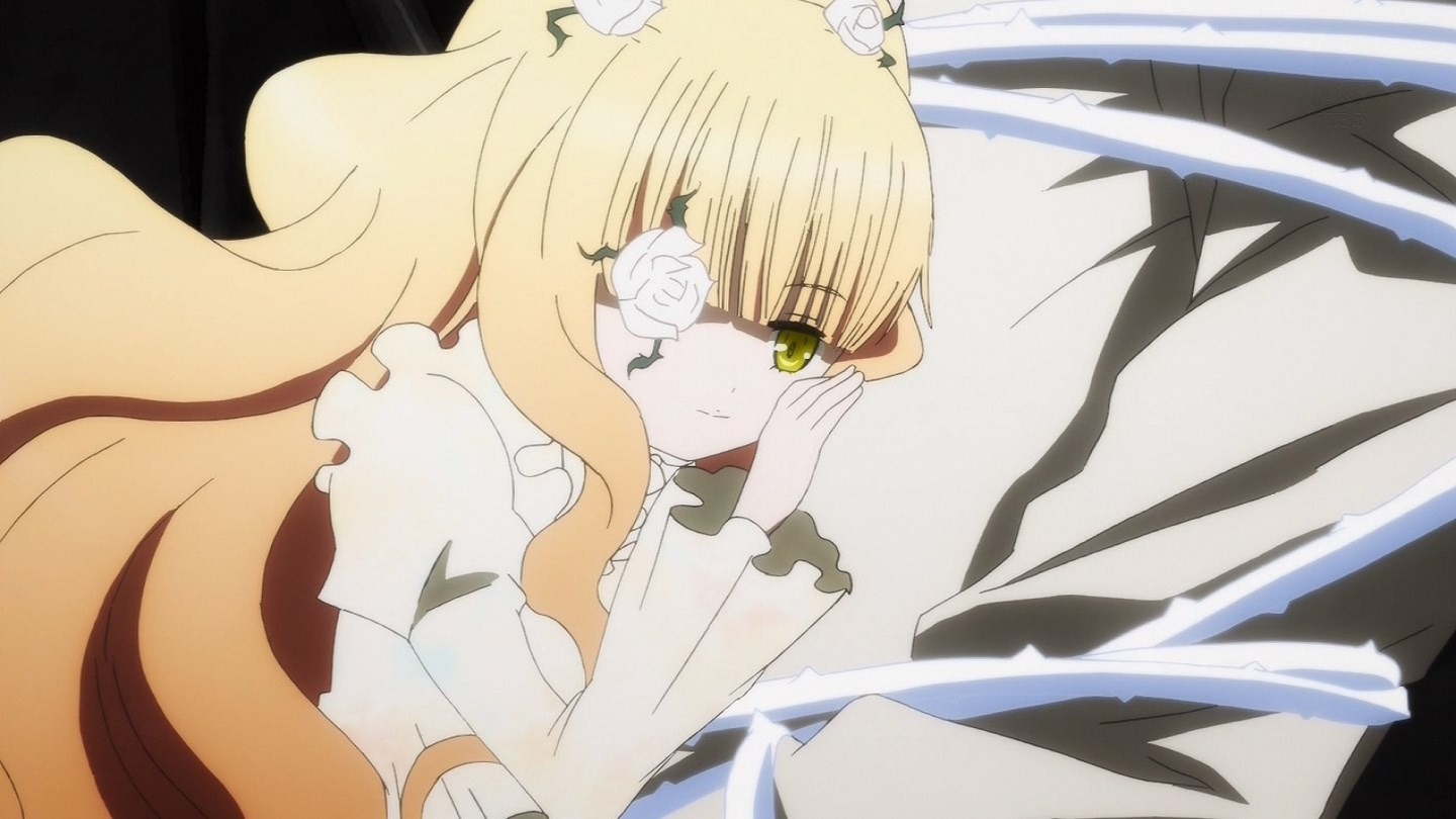 1girl bangs blonde_hair dress eyepatch flower frills green_eyes hair_flower hair_ornament hands_on_own_face image kirakishou long_hair rose solo thorns white_flower white_rose