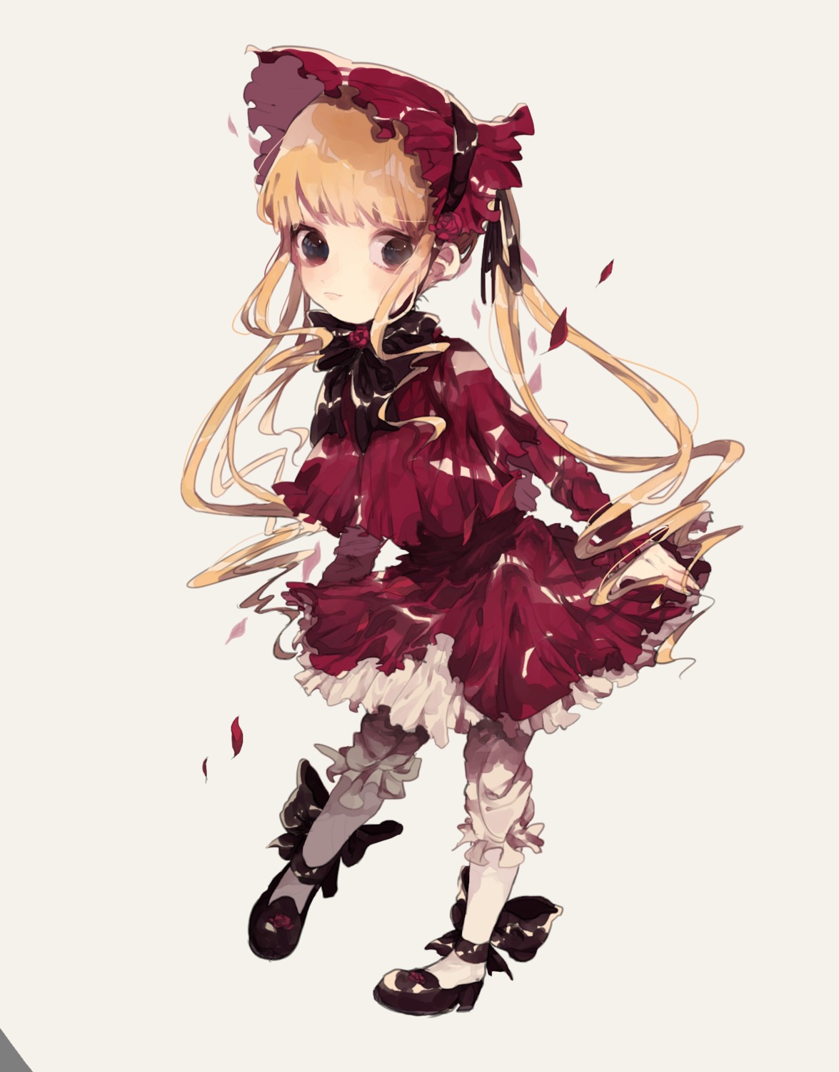 1girl blonde_hair bloomers blue_eyes bonnet bow dress full_body image long_hair long_sleeves looking_at_viewer petals red_dress shinku simple_background solo standing twintails underwear