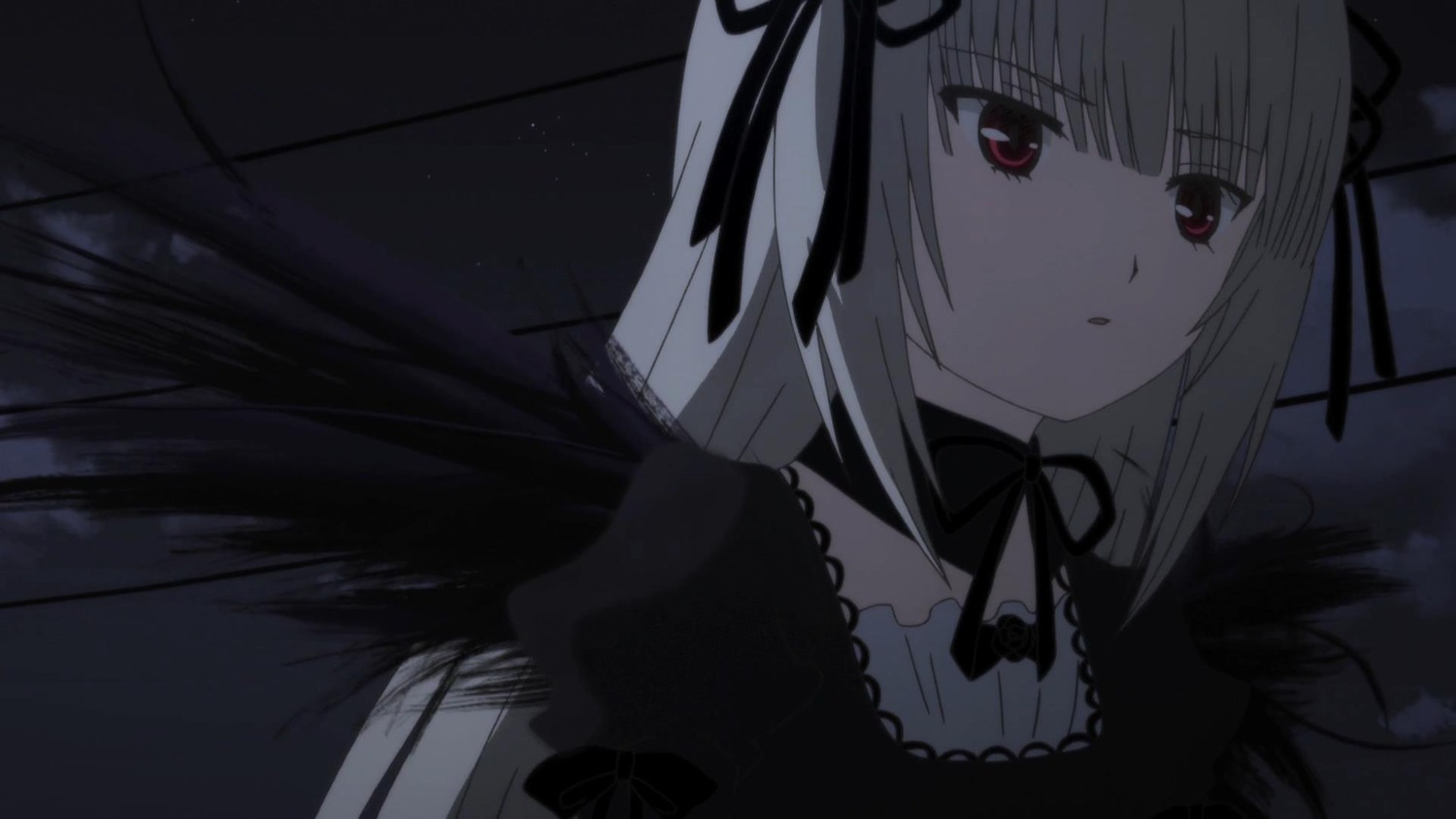 1girl auto_tagged bangs black_ribbon black_wings detached_collar dress frills hair_ribbon image long_hair long_sleeves looking_at_viewer red_eyes ribbon silver_hair solo suigintou upper_body wings