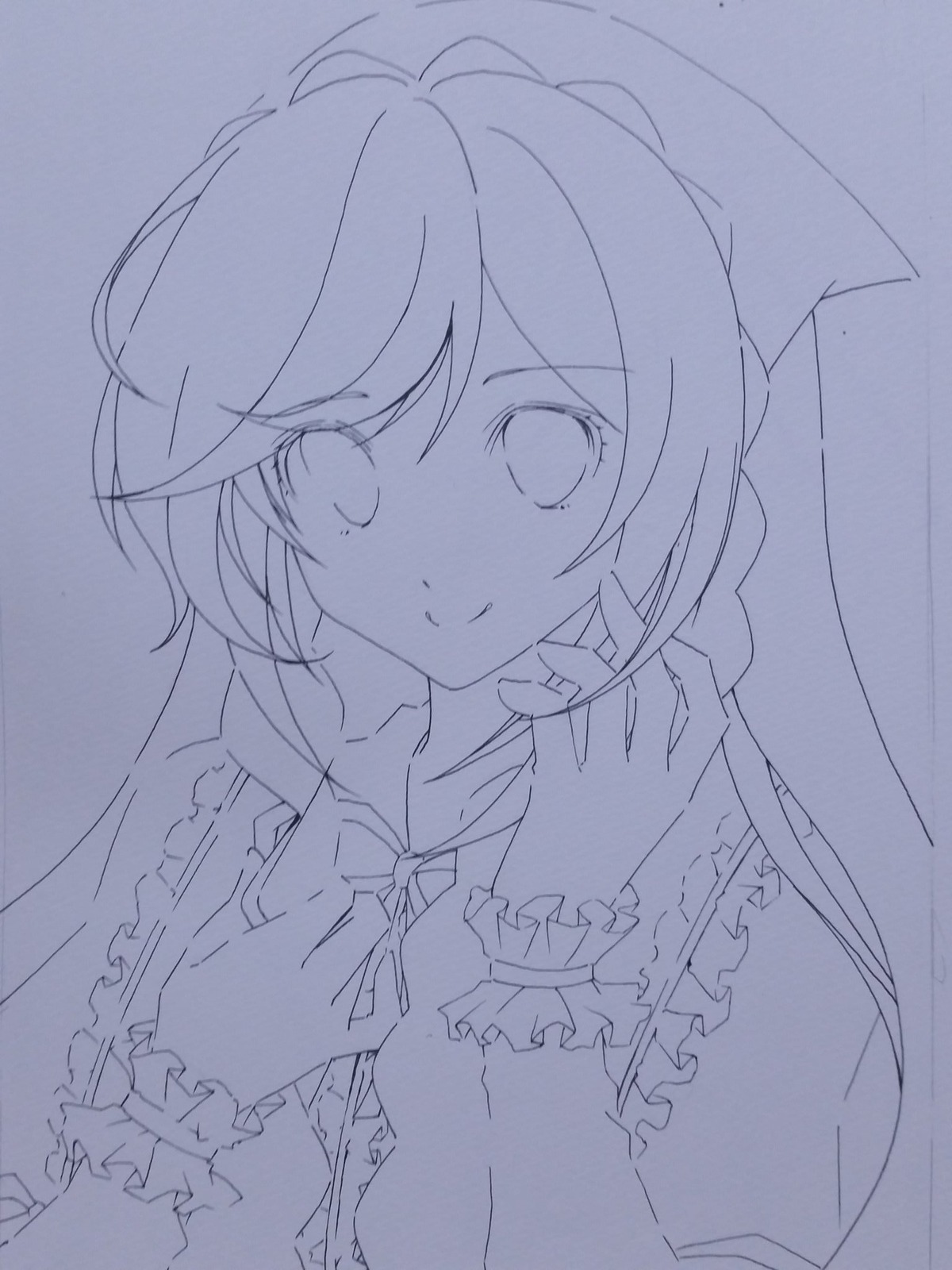 1girl bow closed_mouth eyebrows_visible_through_hair greyscale image lineart long_hair looking_at_viewer monochrome smile solo suiseiseki traditional_media upper_body