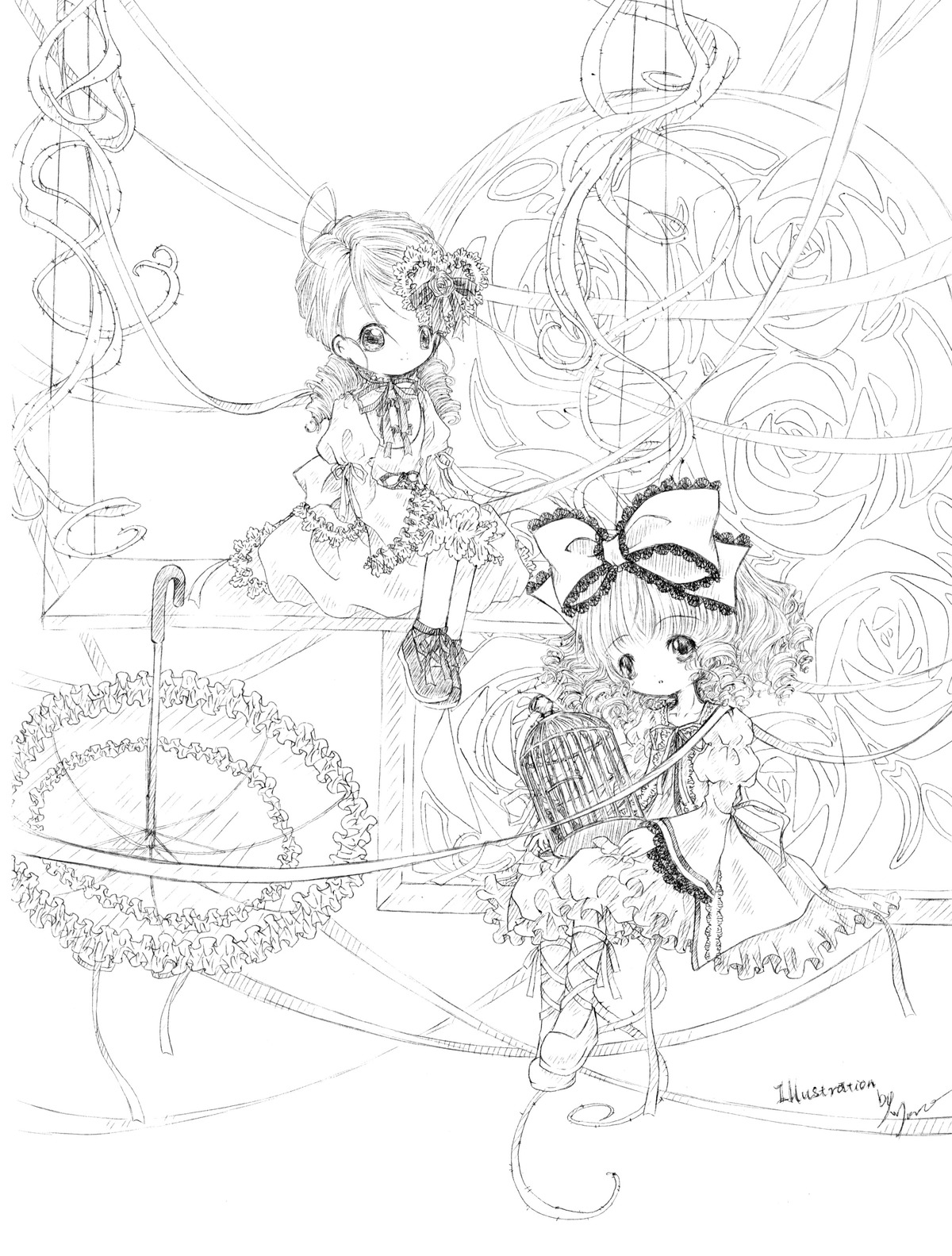 2girls boots bow cross-laced_footwear dress flower frills hair_bow hair_ornament hinaichigo image kanaria lineart monochrome multiple_girls pair ribbon short_hair siblings smile