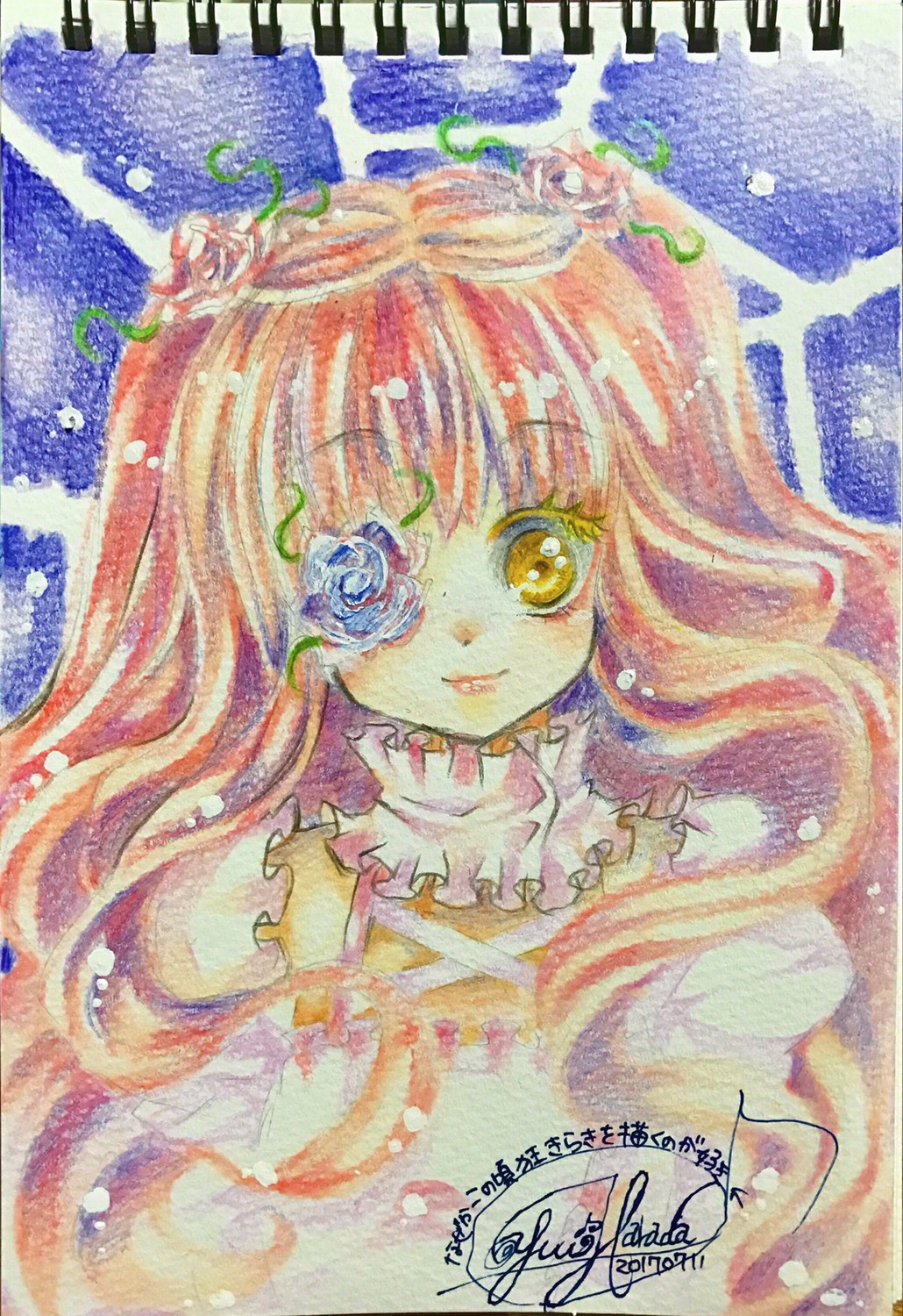 1girl artist_name blue_flower dated flower image kirakishou long_hair marker_(medium) pink_flower pink_hair rose sample signature solo traditional_media watercolor_(medium)
