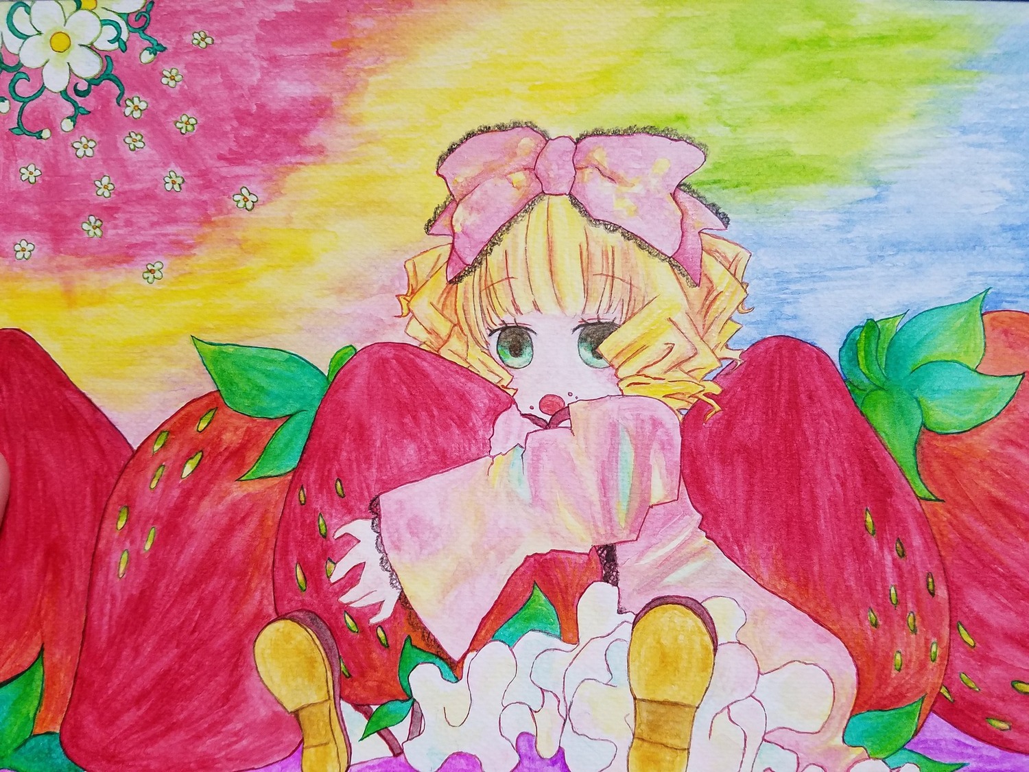 1girl blonde_hair bow dress flower food frills fruit grapes green_eyes hair_bow hina_ichigo hinaichigo holding_fruit image long_sleeves minigirl object_namesake open_mouth pink_bow plant short_hair solo strawberry tomato traditional_media watermelon