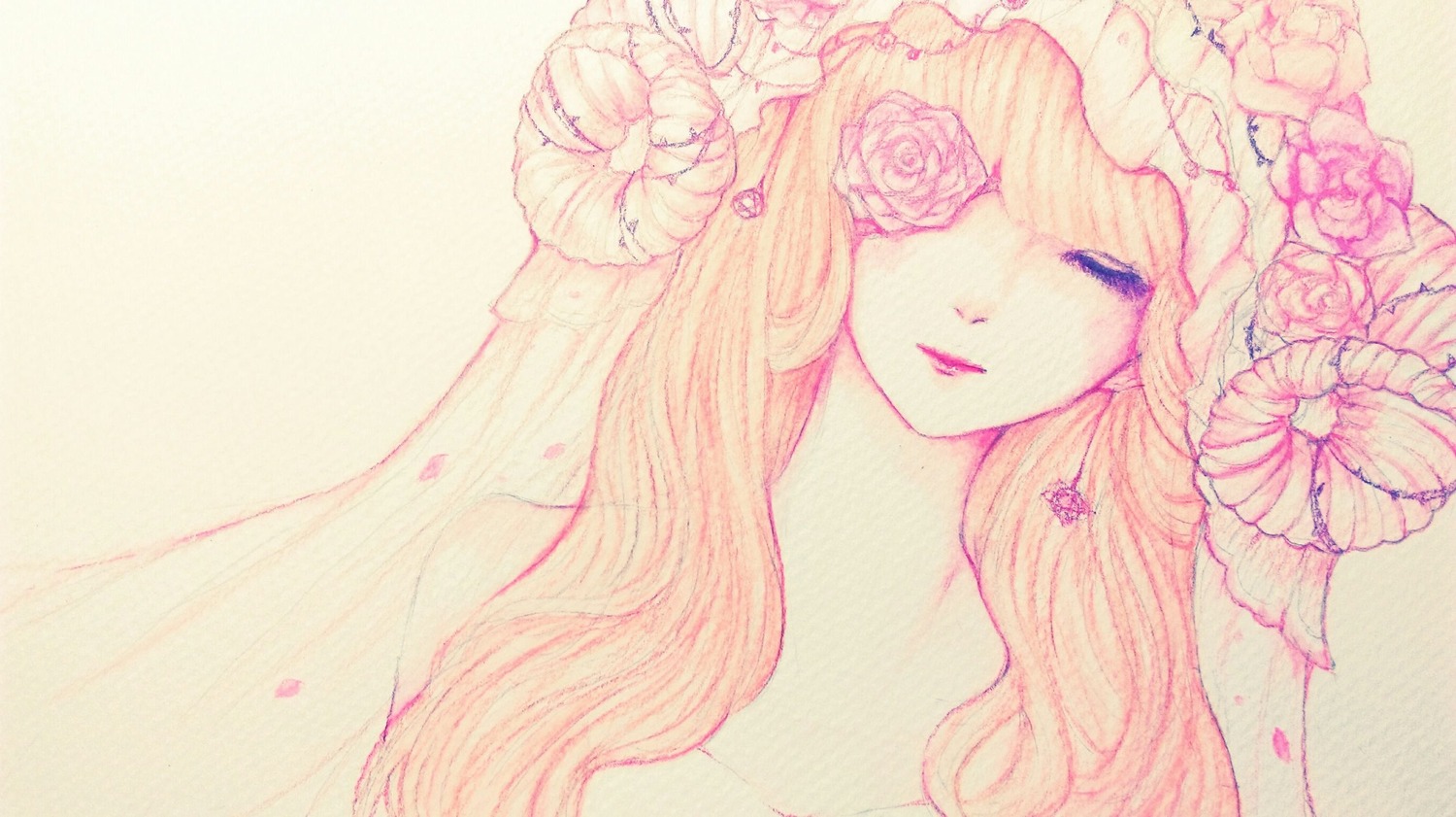 1girl bangs closed_eyes eyelashes flower hair_flower image kirakishou lips long_hair rose simple_background solo traditional_media white_flower