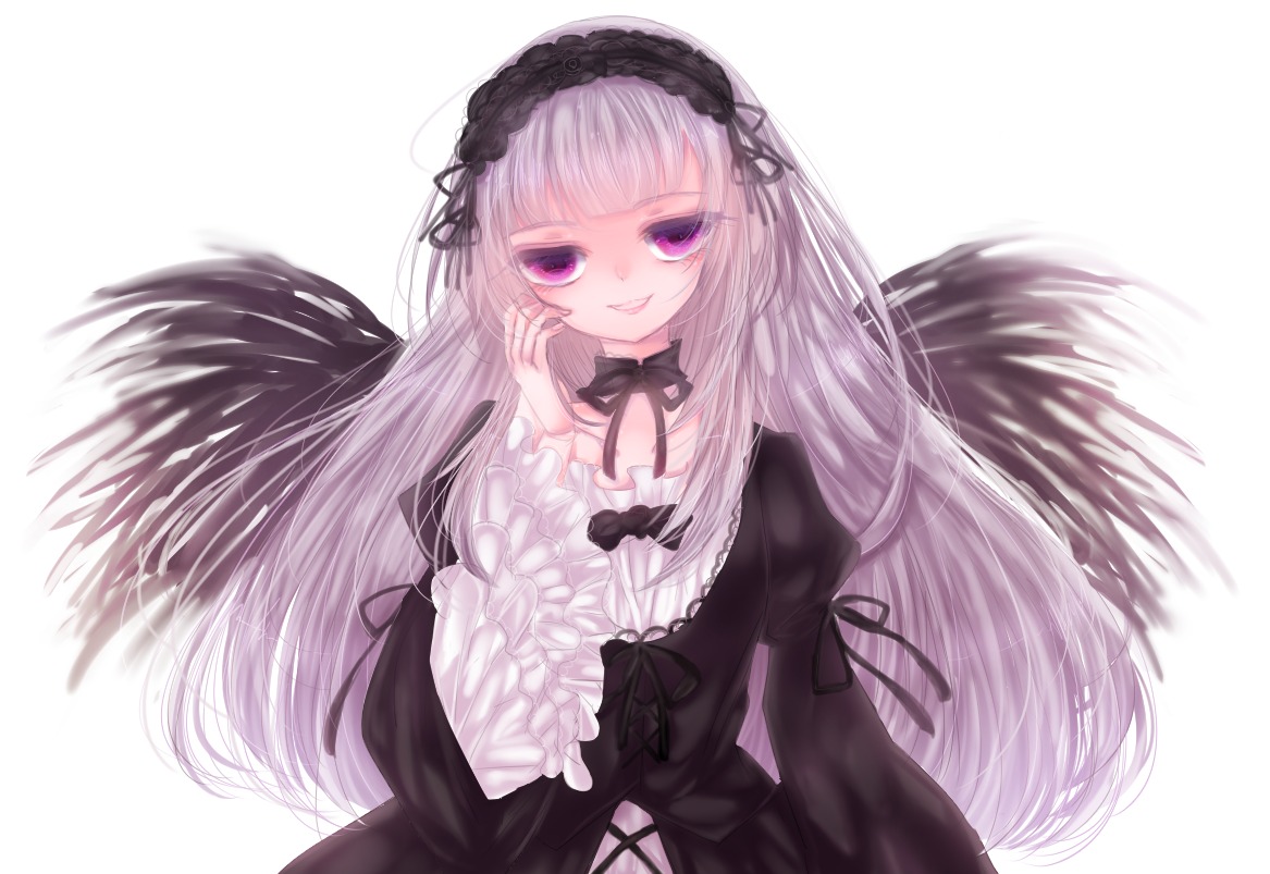 1girl black_ribbon black_wings dress frills hairband image long_hair long_sleeves looking_at_viewer pink_eyes purple_eyes ribbon silver_hair simple_background smile solo suigintou very_long_hair white_background wings