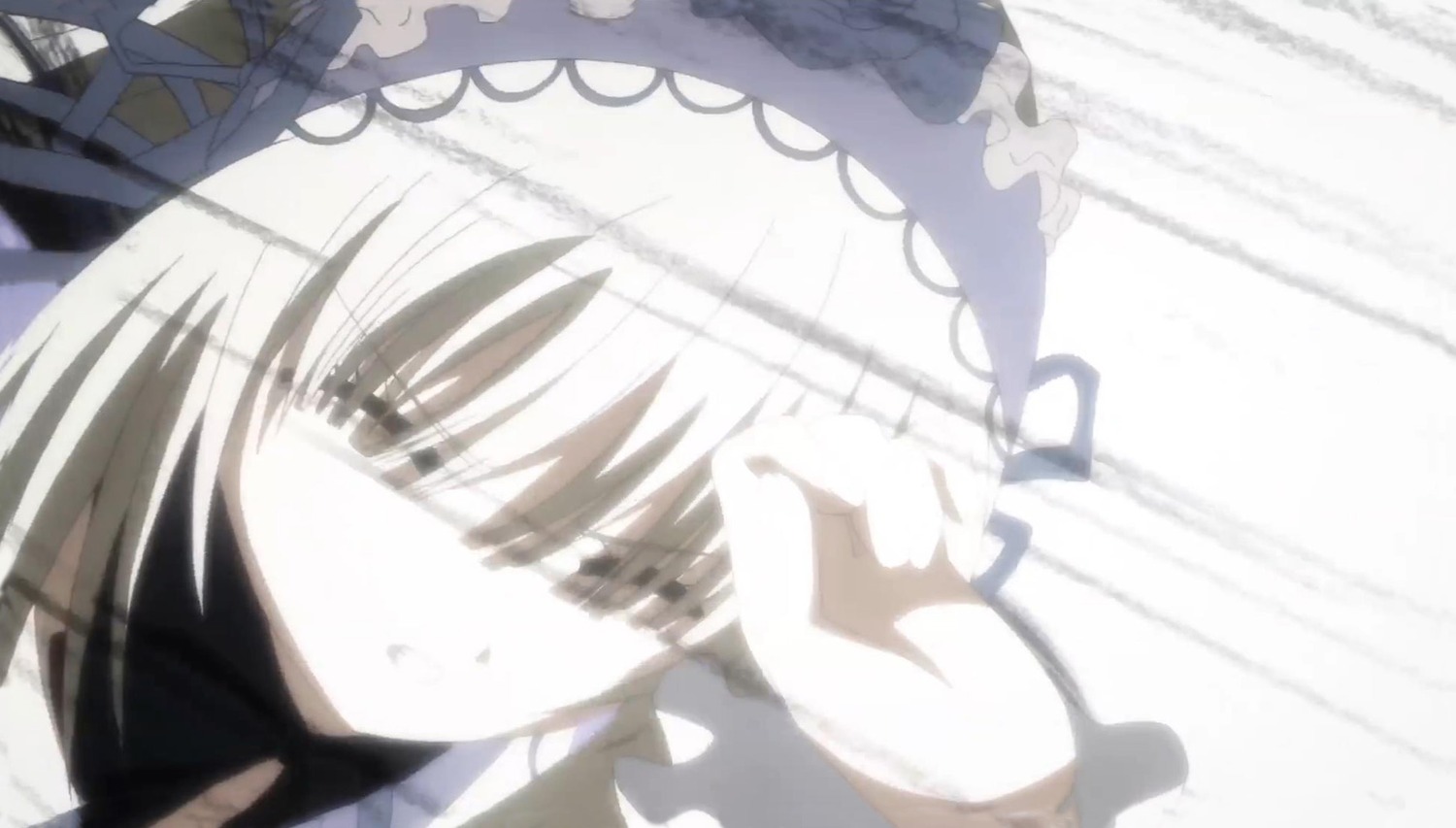 1girl bangs blurry depth_of_field image looking_at_viewer parted_lips ribbon simple_background solo suigintou white_background