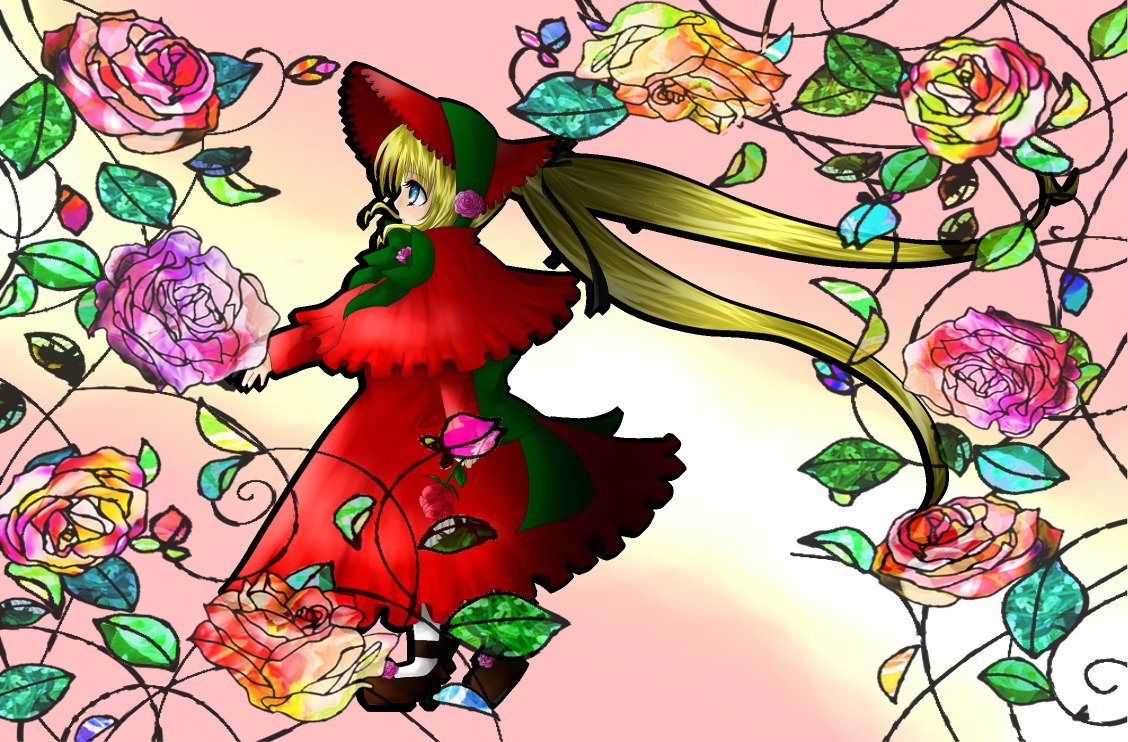 1girl blonde_hair blue_eyes blue_flower blue_rose dress flower image pink_flower pink_rose plant purple_flower purple_rose red_flower red_rose rose shinku solo thorns vines yellow_flower yellow_rose