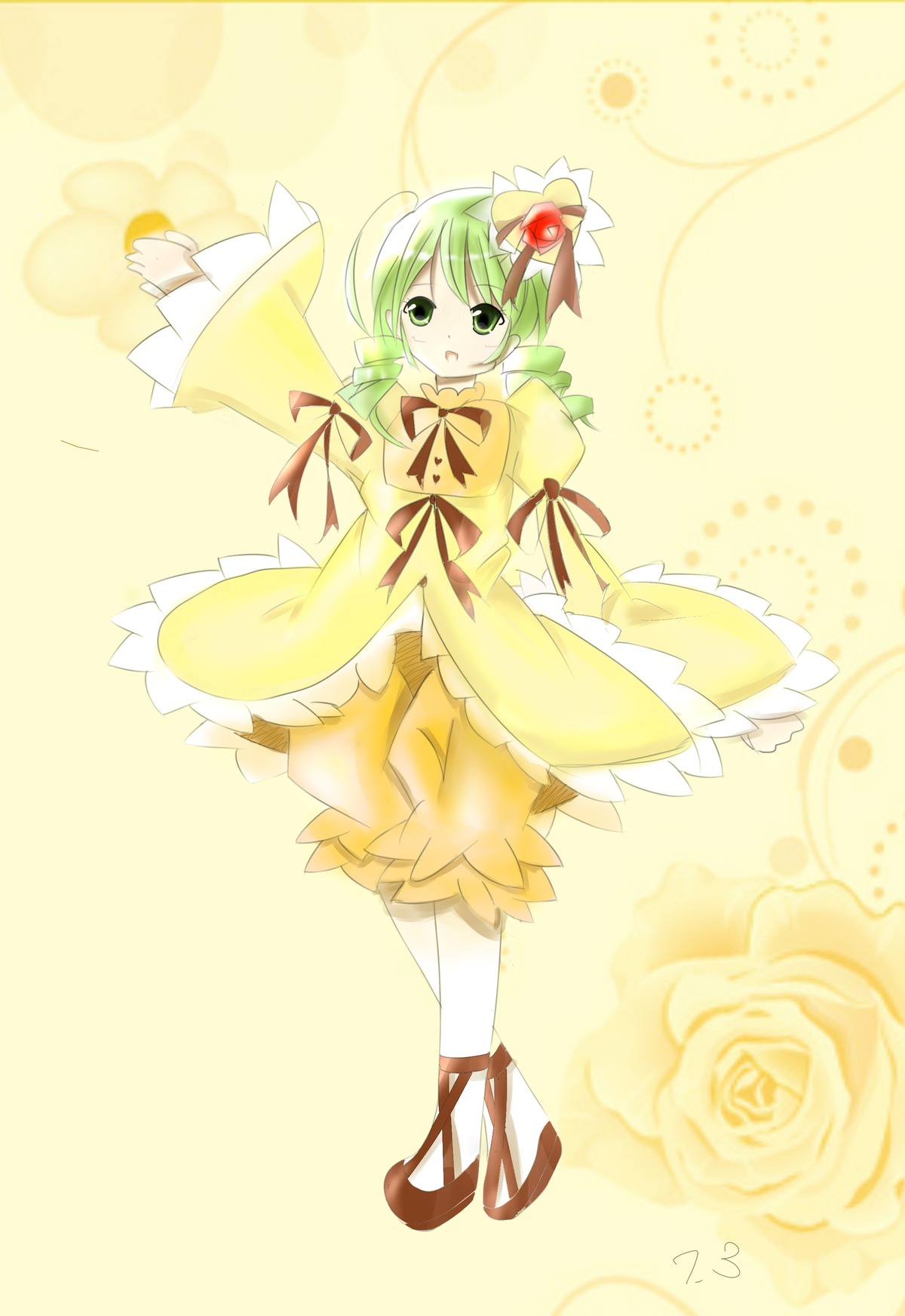 1girl auto_tagged dress flower full_body green_eyes green_hair hair_ornament image kanaria long_sleeves ribbon rose short_hair solo standing white_legwear wide_sleeves yellow_background yellow_dress