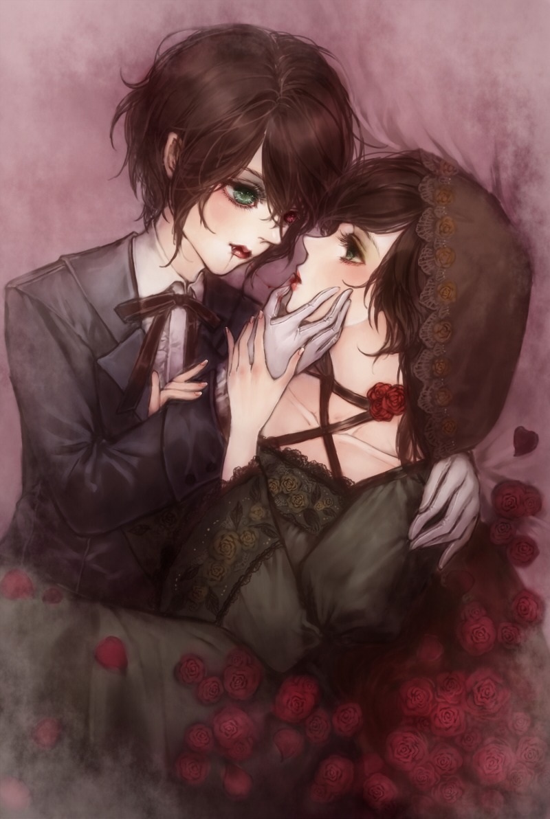 2girls brown_hair dress flower green_eyes image multiple_girls pair petals red_flower red_rose rose short_hair souseiseki suiseiseki twins yuri