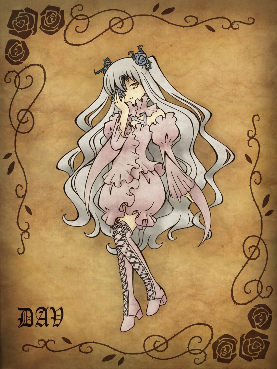1girl boots cross-laced_footwear dress flower frills hair_flower hair_ornament image kirakishou knee_boots long_hair rose solo thigh_boots thorns very_long_hair vines yellow_eyes