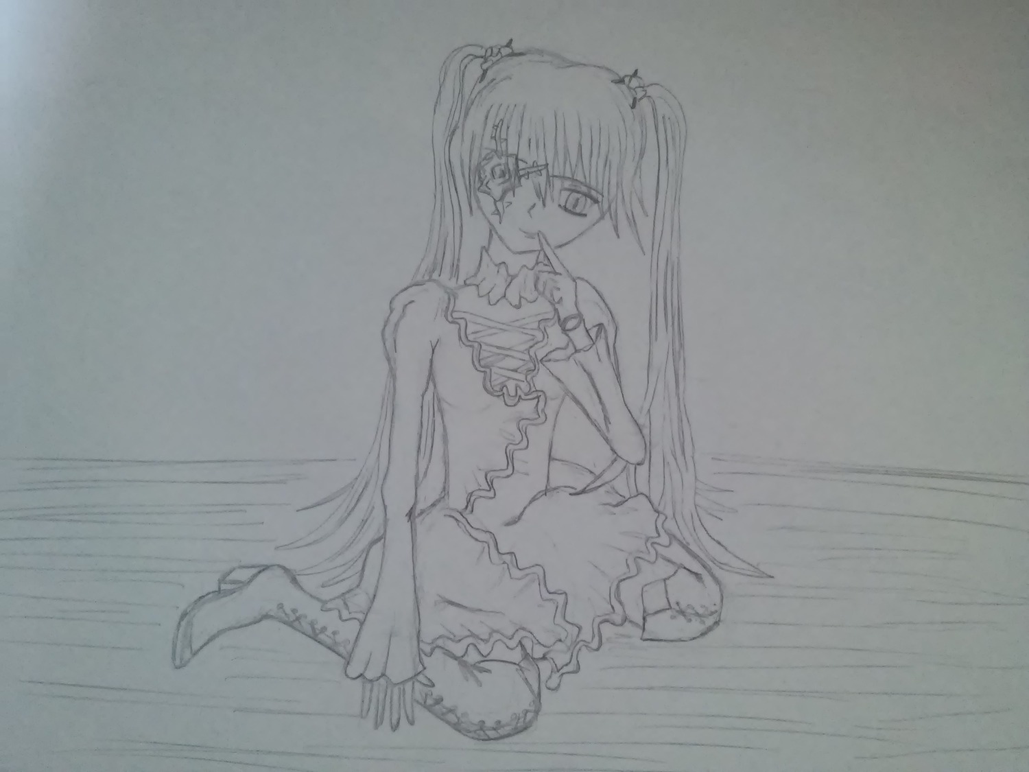 1girl boots dress frills image kirakishou knee_boots long_hair looking_at_viewer monochrome sitting solo twintails very_long_hair