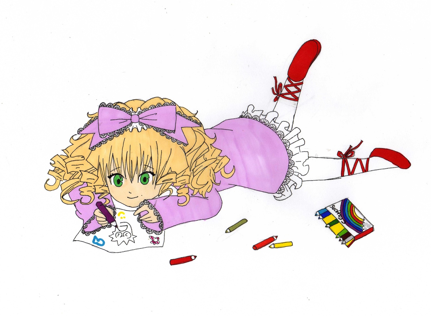 1girl 86800 blonde_hair bow dress drill_hair green_eyes hinaichigo image lying on_stomach pantyhose pointy_ears ribbon smile solo