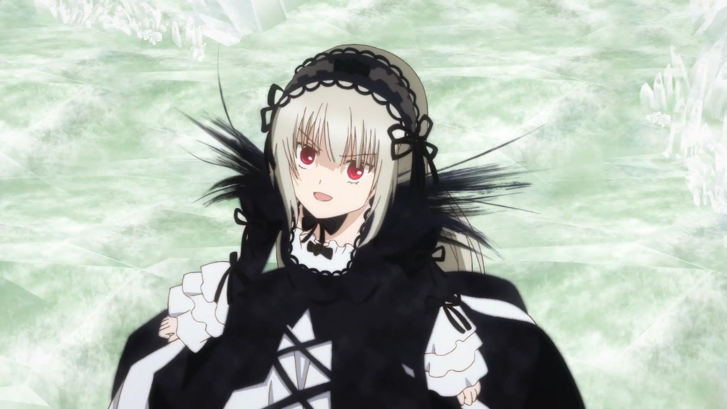 1girl :d bangs black_dress black_ribbon black_wings dress eyebrows_visible_through_hair frills hairband image long_hair long_sleeves looking_at_viewer open_mouth red_eyes ribbon silver_hair smile solo suigintou wings