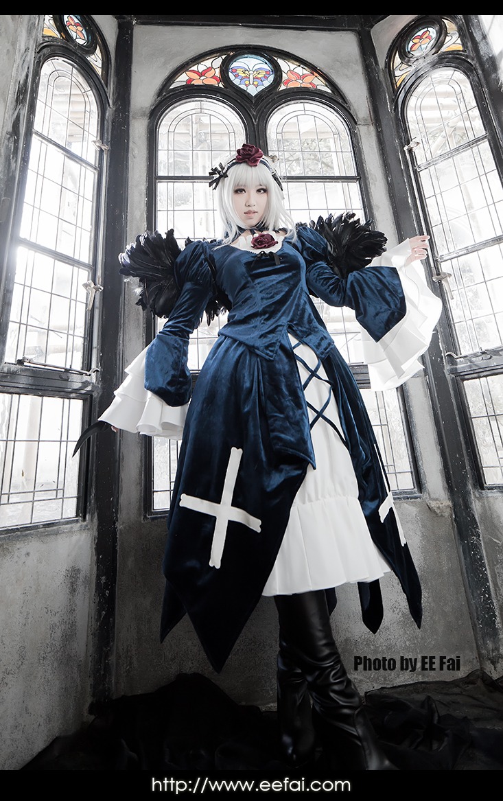 1boy boots dress feathers flower hair_flower hair_ornament indoors solo standing suigintou white_hair wide_sleeves window