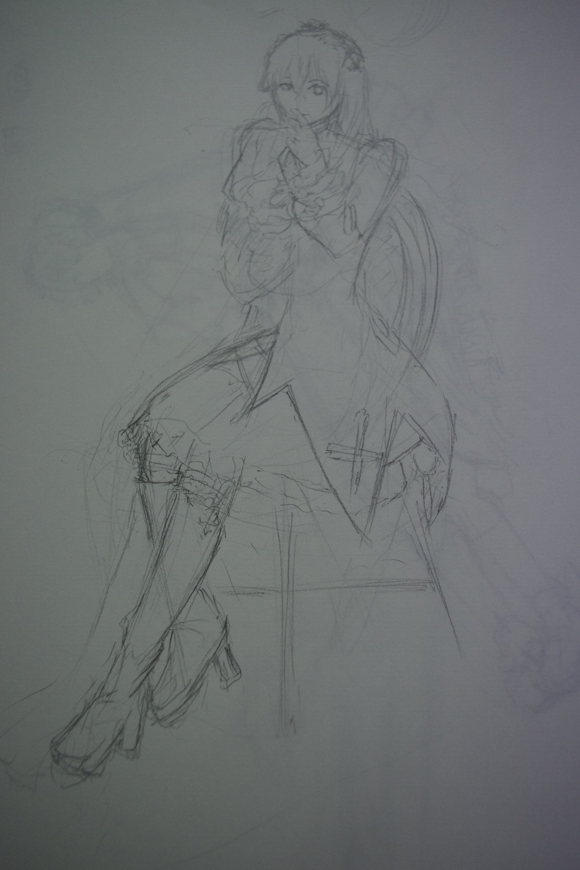1girl dress image long_hair monochrome sketch solo suigintou