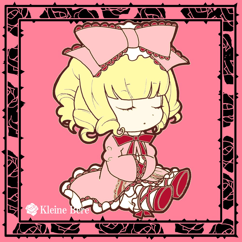 1girl blonde_hair bow chibi closed_eyes dress flower frills hat hina_ichigo hinaichigo image long_sleeves pink_background pink_bow short_hair sitting solo
