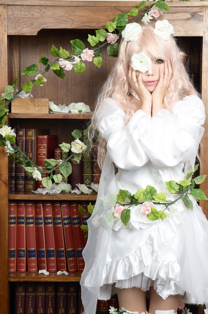 1girl book bookshelf dress flower hand_on_own_face hands_on_own_cheeks hands_on_own_face kirakishou lace library lips long_hair pink_hair plant solo too_many white_dress white_flower white_rose