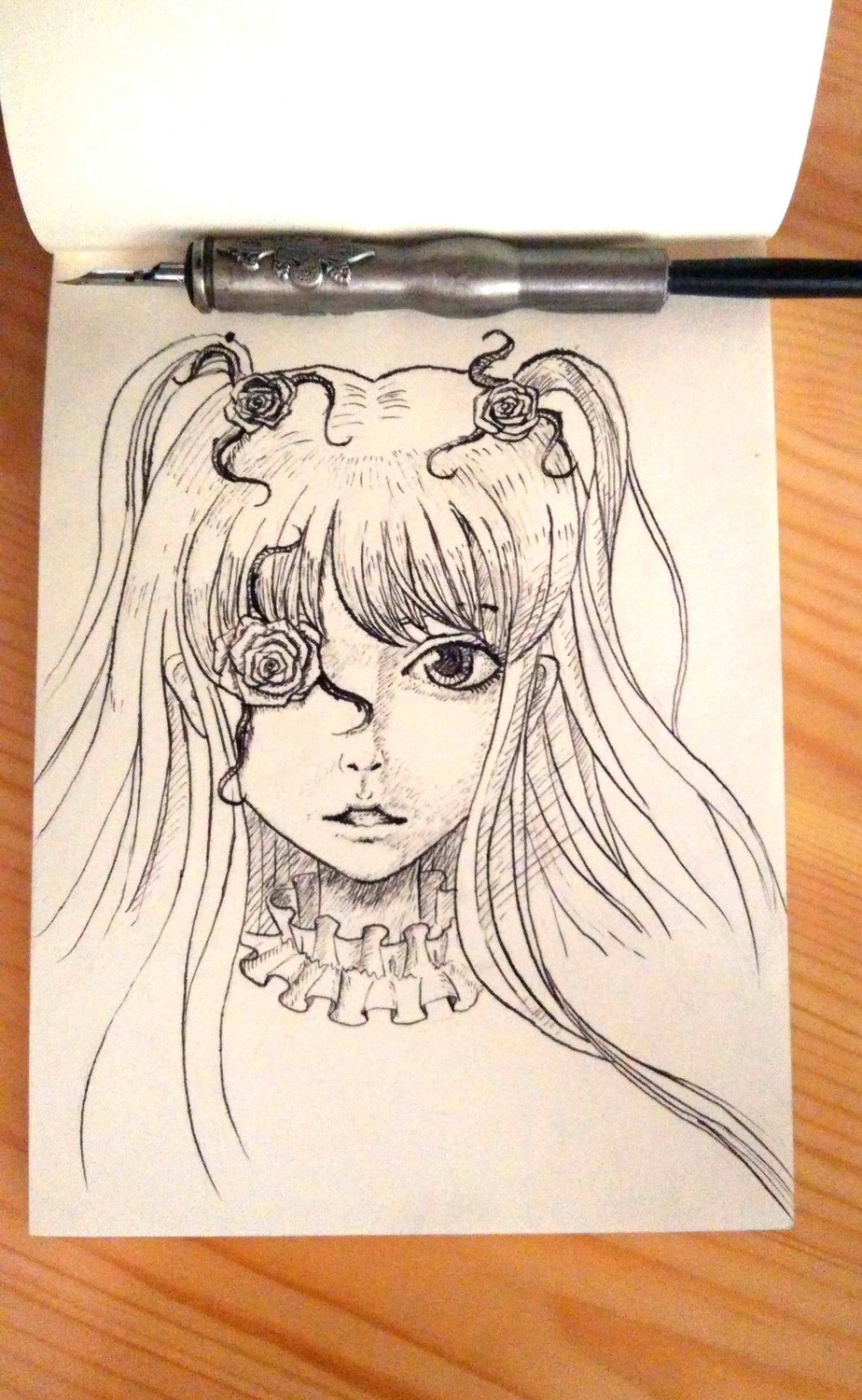 1girl choker flower hair_ornament image kirakishou long_hair monochrome photo rose solo traditional_media