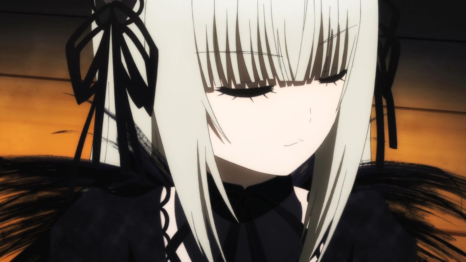 1girl bangs black_dress black_ribbon blush closed_eyes closed_mouth dress eyebrows_visible_through_hair hair_ribbon image long_hair ribbon solo suigintou white_hair