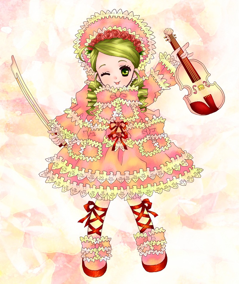 1girl bow cross-laced_footwear dress flower frills full_body green_eyes green_hair hat hina_ichigo image instrument kanaria long_sleeves one_eye_closed pink_bow ribbon solo standing violin