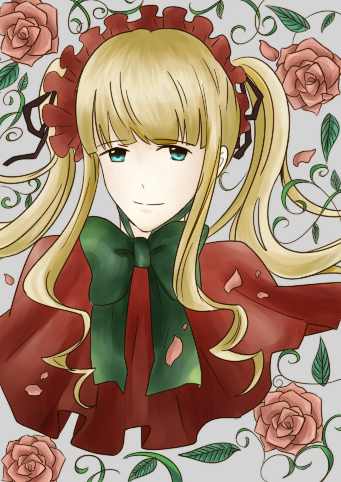 1girl blonde_hair blue_eyes blue_rose bow flower green_bow image long_hair petals pink_flower pink_rose plant purple_rose red_flower red_rose rose rose_petals shinku sidelocks solo thorns twintails vines white_rose yellow_rose