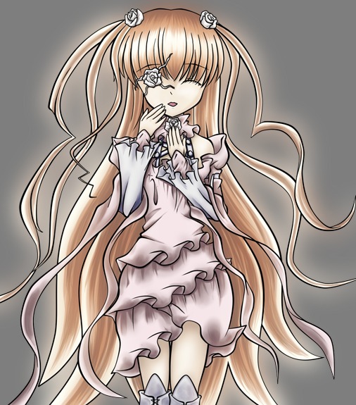 1girl blonde_hair bow doll_joints dress flower frills hair_ornament image joints kirakishou long_hair long_sleeves rose solo very_long_hair