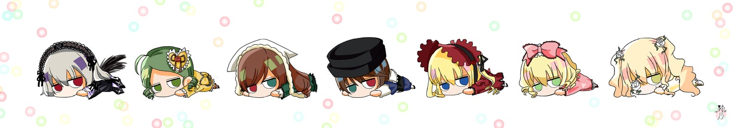 blonde_hair blue_eyes brown_hair chibi dress flower green_eyes hair_ornament hat image jewelry long_hair multiple multiple_boys multiple_girls polka_dot polka_dot_background polka_dot_bow tagme white_hair
