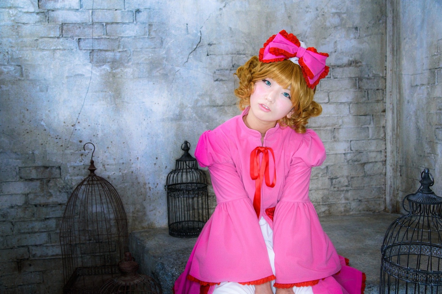1girl birdcage blonde_hair blue_eyes bow building cage dress frills hair_bow hinaichigo lantern lips makeup solo