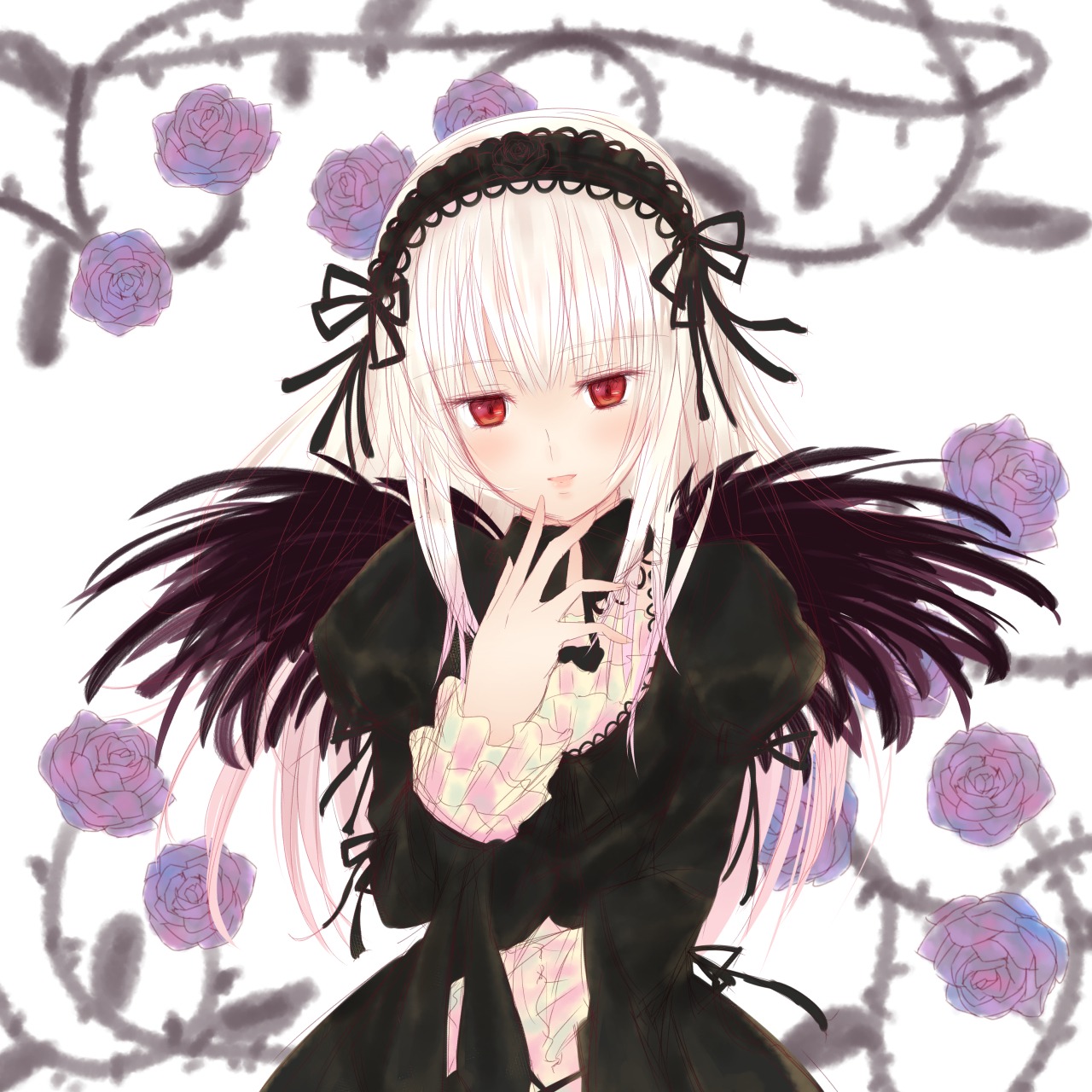 1girl black_flower black_ribbon black_rose blue_flower blue_rose dress flower frills hairband image juliet_sleeves long_hair long_sleeves looking_at_viewer pink_flower pink_rose puffy_sleeves purple_flower purple_rose red_eyes red_flower red_rose ribbon rose rose_petals silver_hair smile solo suigintou thorns