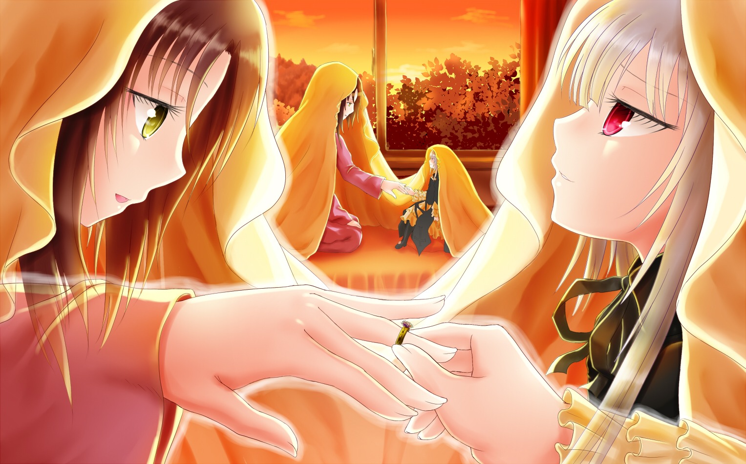 blonde_hair brown_hair holding_hands hood image kakizaki_megu long_hair multiple_girls nun profile red_eyes short_hair solo suigintou sunset veil