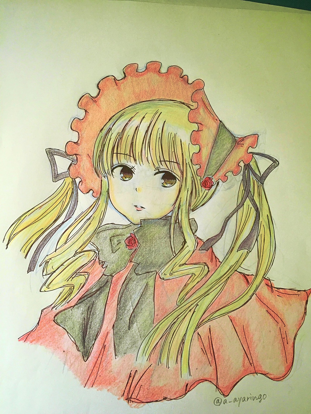1girl bangs blonde_hair bow dress eyebrows_visible_through_hair green_background image long_hair looking_at_viewer shinku simple_background solo traditional_media twintails twitter_username upper_body
