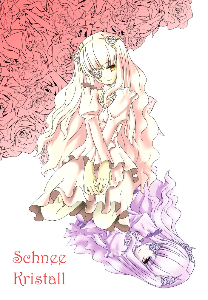 2girls barasuishou dress eyepatch flower frills hair_ornament image kirakishou long_hair long_sleeves multiple_girls pair rose smile thorns very_long_hair vines white_flower white_rose yellow_eyes