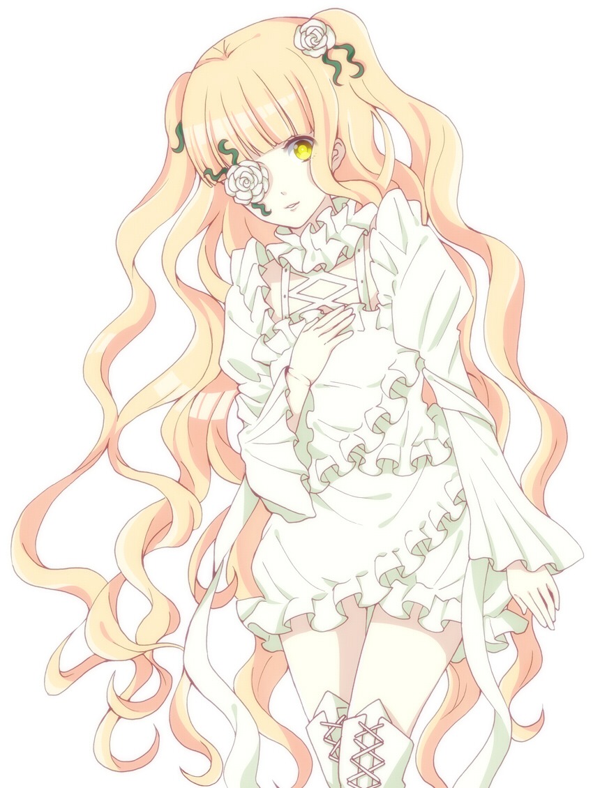 1girl blonde_hair dress eyepatch flower frills hair_flower hair_ornament image kirakishou long_hair rose solo striped striped_legwear thighhighs thorns vertical-striped_legwear vertical_stripes very_long_hair wavy_hair white_rose yellow_eyes