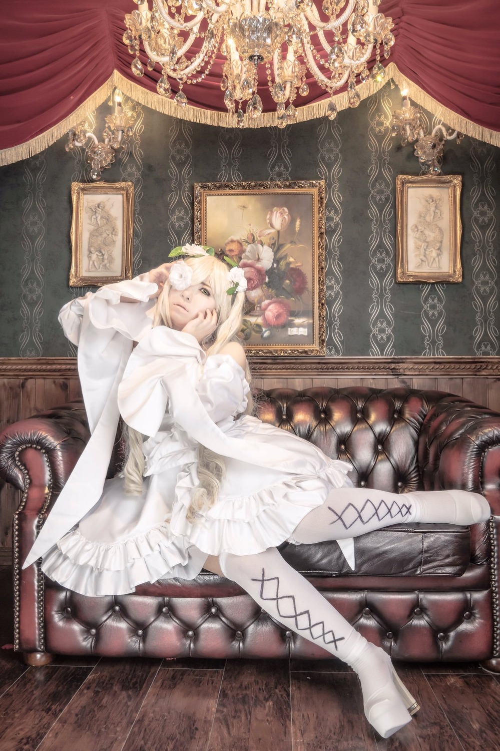 1girl blonde_hair bouquet bridal_veil chair couch curtains dress flower hair_ornament indoors kirakishou sitting solo veil wedding_dress white_dress white_legwear window