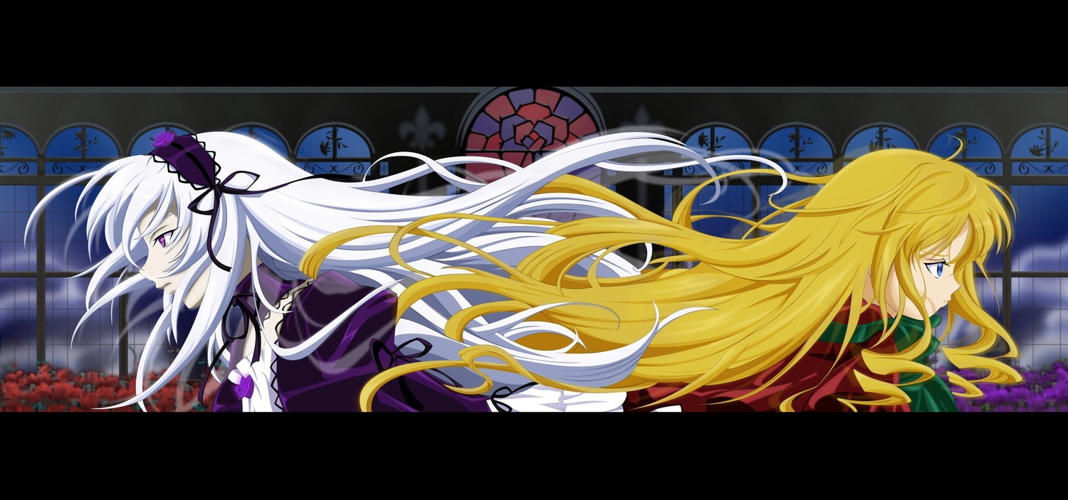 2girls blonde_hair blue_eyes dress flower hairband image letterboxed long_hair multiple_girls pair profile ribbon rose shinku silver_hair suigintou symmetry very_long_hair wings