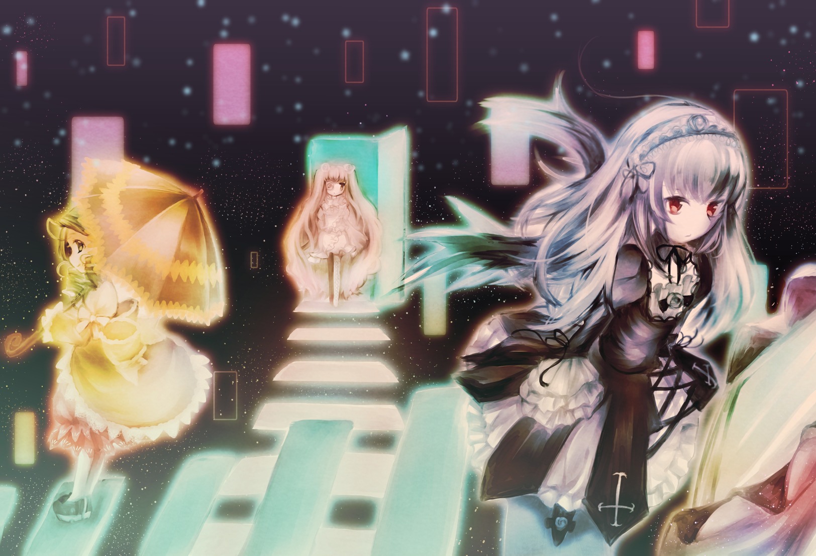 3girls apron bangs dress flower hairband image lolita_hairband long_hair long_sleeves looking_at_viewer multiple multiple_girls red_eyes ribbon standing suigintou tagme umbrella wings