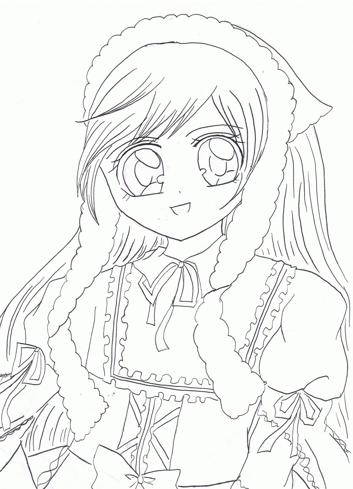 1girl blush dress frills image long_hair long_sleeves monochrome open_mouth puffy_sleeves ribbon smile solo suiseiseki traditional_media upper_body