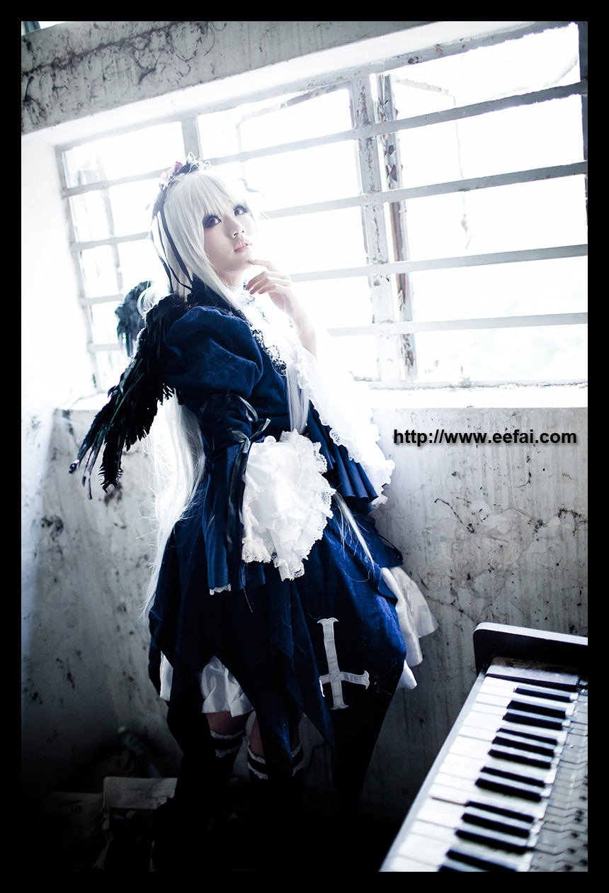 1girl blue_eyes braid indoors izayoi_sakuya letterboxed maid_headdress pillarboxed short_hair silver_hair solo suigintou window wings