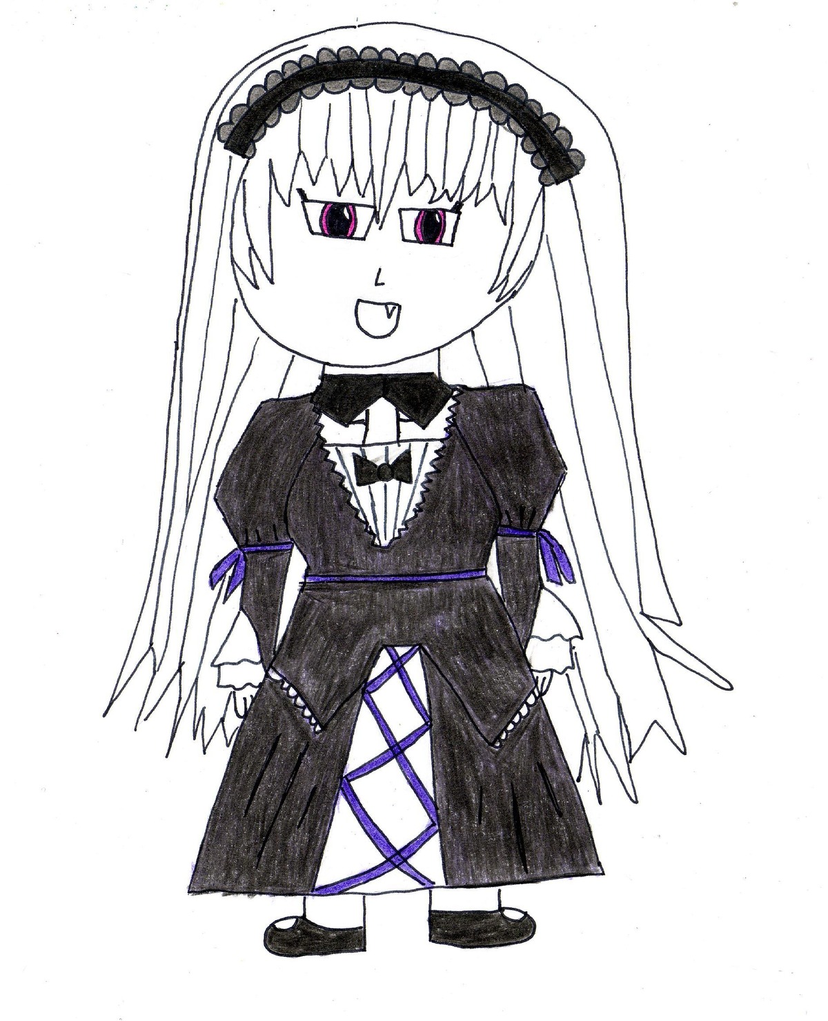1girl :d dress full_body gothic_lolita hairband image lolita_fashion lolita_hairband long_hair long_sleeves open_mouth simple_background smile solo suigintou traditional_media white_background wings