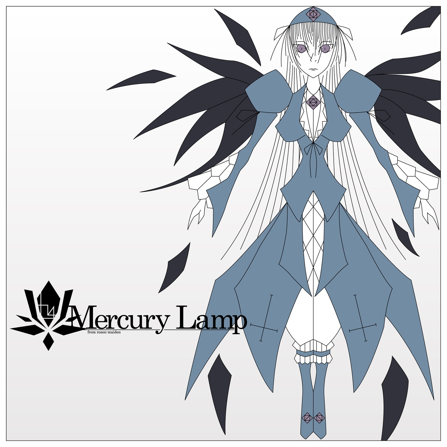 1girl boots dress frills full_body hat image long_hair long_sleeves monochrome solo standing suigintou text_focus wings