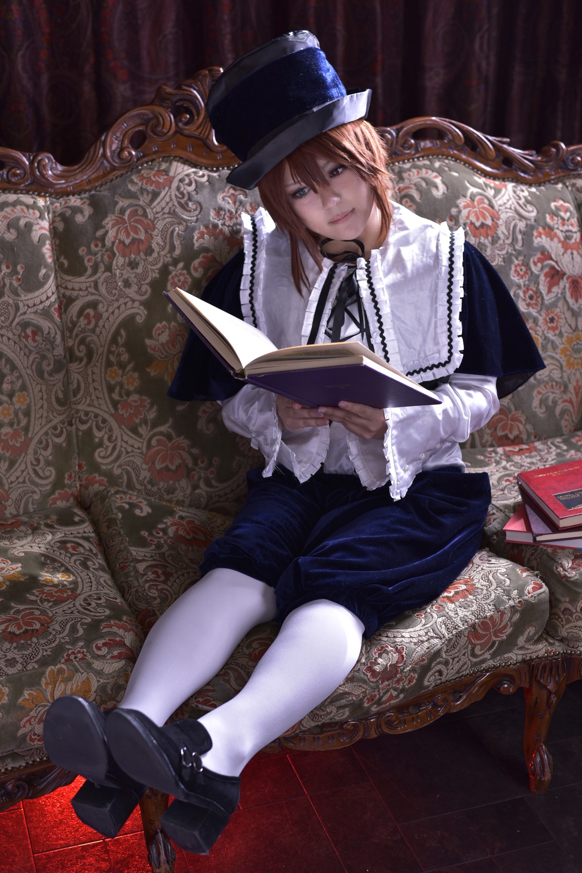 1boy blue_eyes book boots brown_hair crossed_legs hat long_hair shorts sitting solo souseiseki top_hat white_legwear