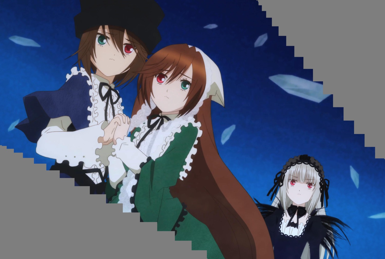3girls black_ribbon brown_hair dress frills green_eyes hairband heterochromia holding_hands image long_hair long_sleeves looking_at_viewer multiple multiple_girls petals red_eyes ribbon short_hair siblings sisters souseiseki suigintou suiseiseki tagme twins