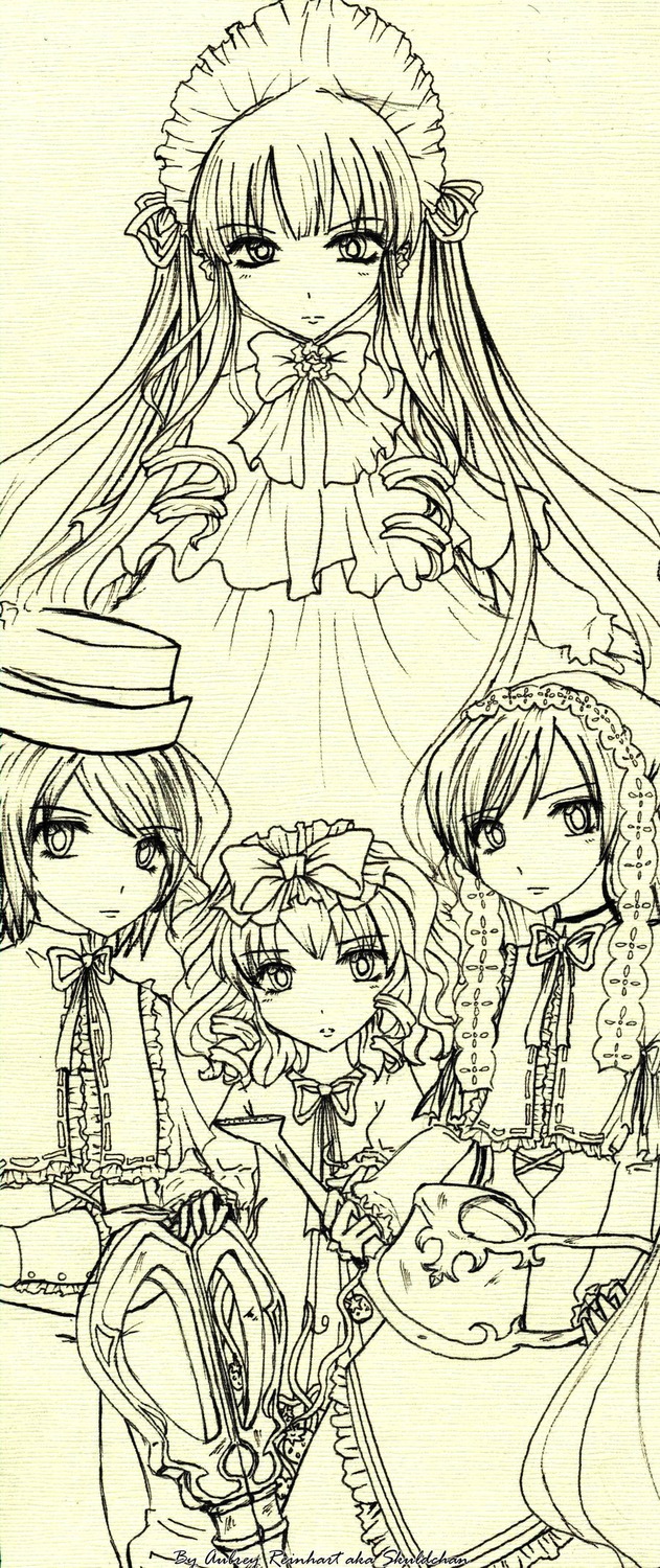 4girls blush bonnet bow dress frills hat image long_hair long_sleeves looking_at_viewer monochrome multiple multiple_girls shinku short_hair siblings sisters suigintou suiseiseki tagme top_hat twins