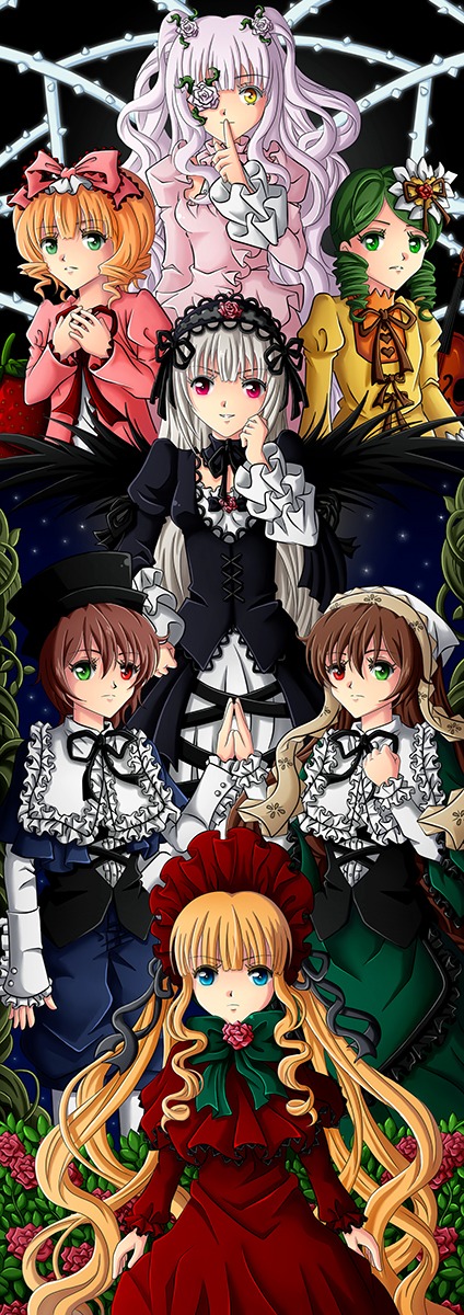 6+girls auto_tagged blonde_hair blue_eyes bow brown_hair dress flower frills green_eyes hairband hat heterochromia hina_ichigo image kanaria long_hair long_sleeves multiple multiple_girls pink_bow red_eyes rose shinku short_hair siblings silver_hair sisters smile suigintou suiseiseki tagme twintails very_long_hair