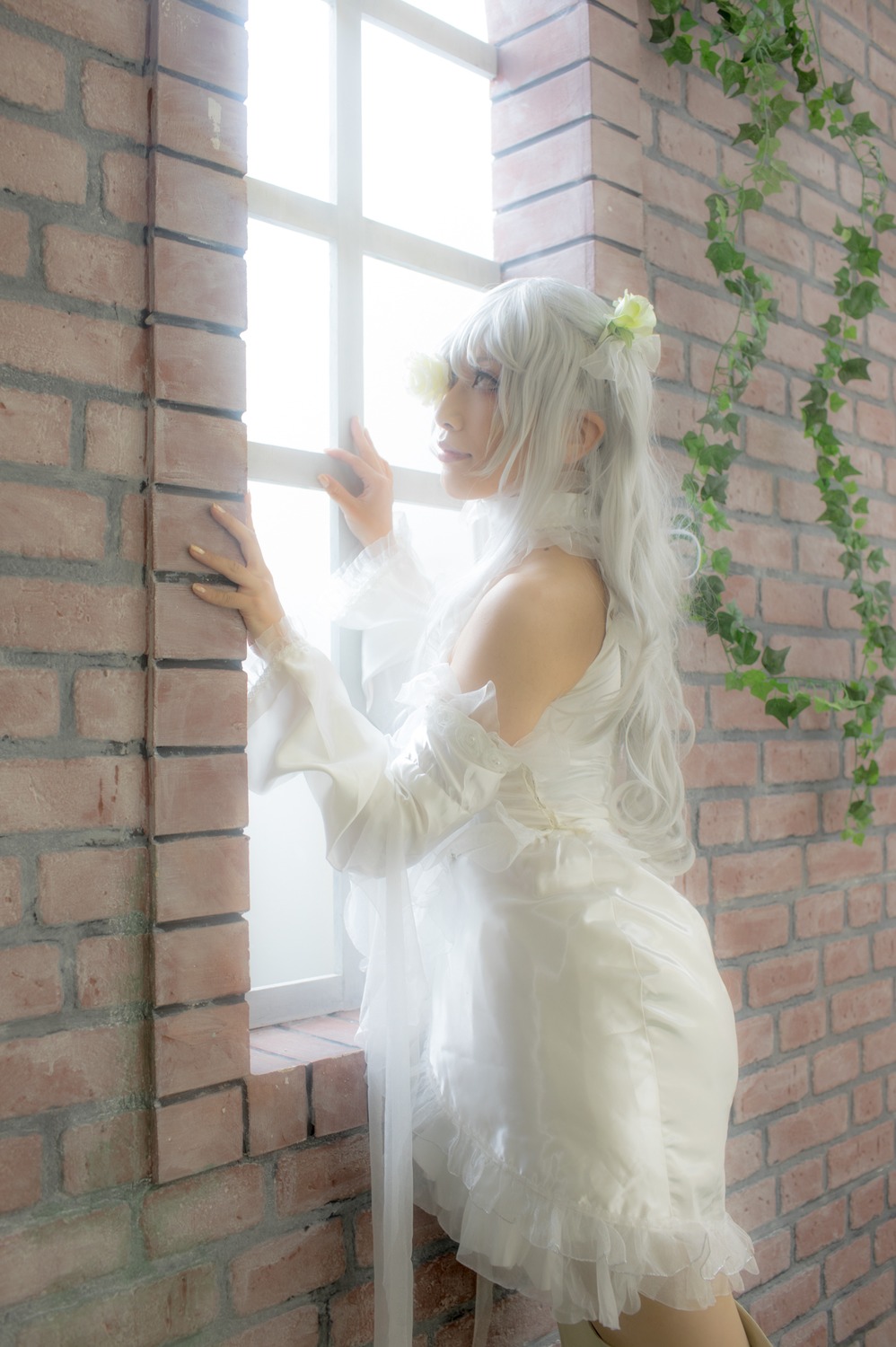 1girl bare_shoulders brick_wall dress fence flower hair_ornament kirakishou long_hair profile solo standing tile_floor tile_wall tiles wall white_dress white_hair window