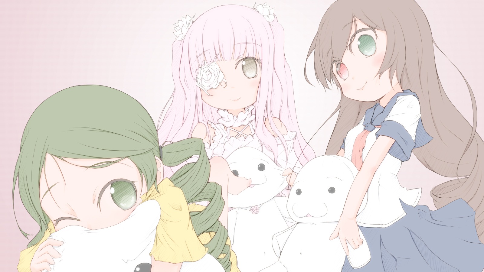 3girls drill_hair eyepatch green_eyes green_hair hair_ornament image kanaria long_hair multiple multiple_girls one_eye_closed pink_hair school_uniform skirt smile tagme twintails
