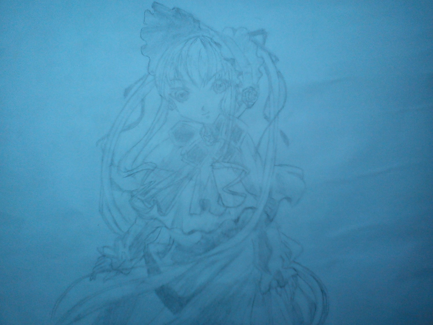 1girl blue_theme bow dress hair_bow hair_tubes hakurei_reimu hat image kirisame_marisa long_hair monochrome shinku sketch solo traditional_media witch_hat